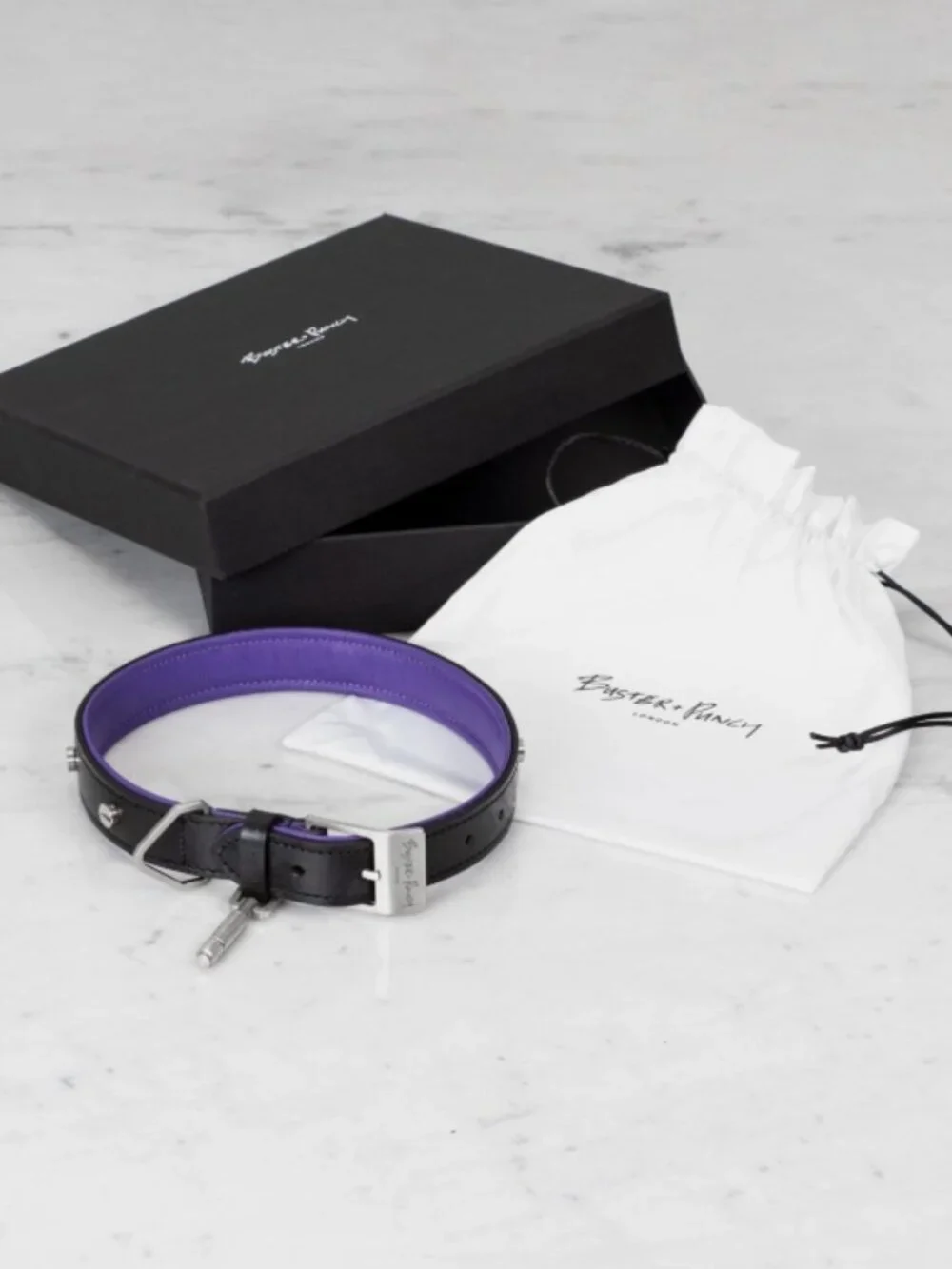 NWT Buster + Punch Leather Dog Leash - Black with Purple Trim Silver Size XL